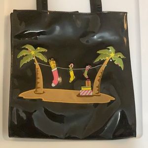 LIZ CLAIBORNE ToteBag Christmas black patent leather embroidered Front lined
